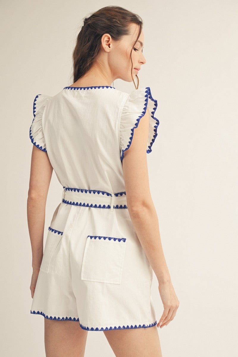 Embroidery Scallop Accent Zip Up Romper