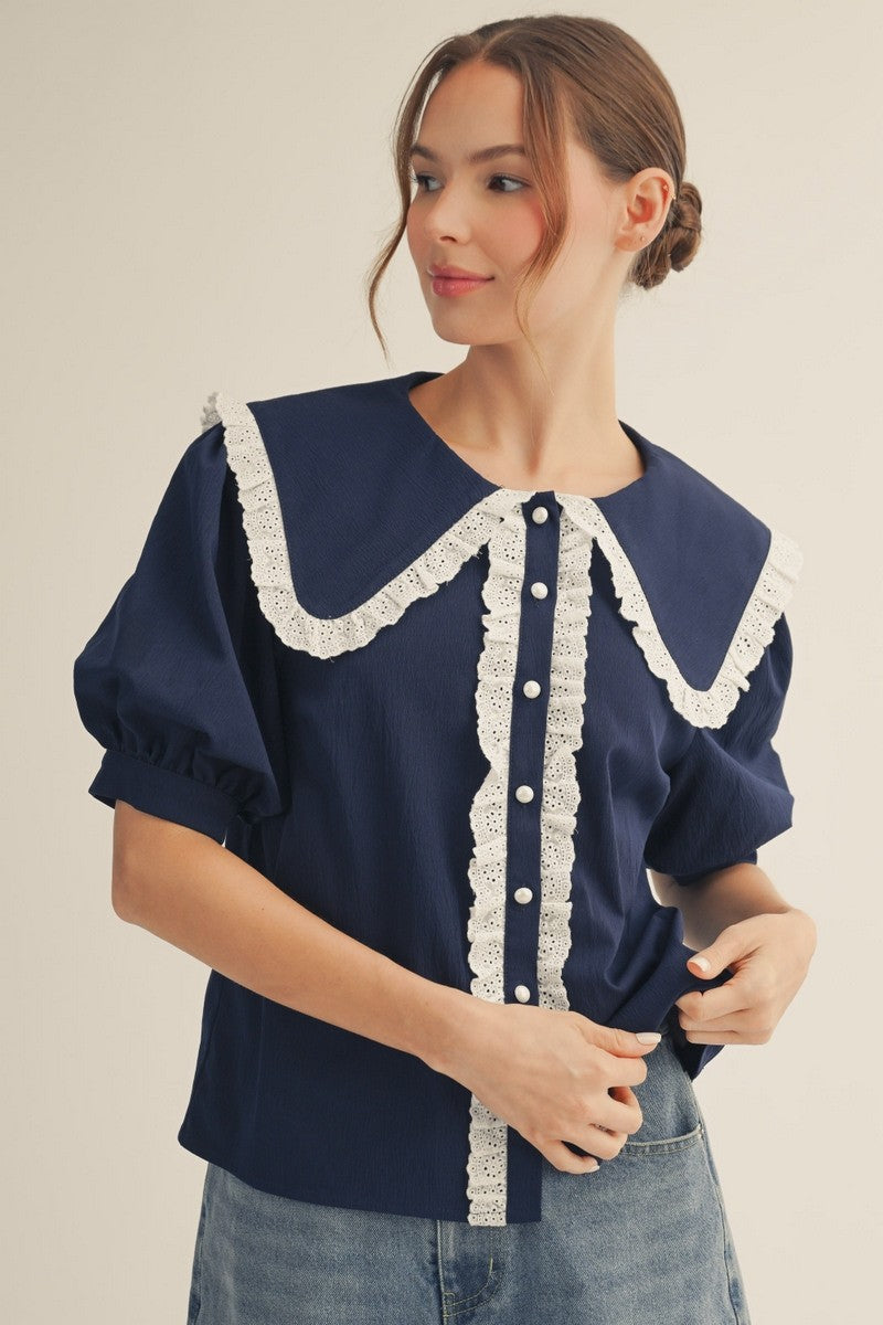 Eyelet Lace Accent Peter Pan Collared Top