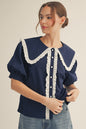 Eyelet Lace Accent Peter Pan Collared Top