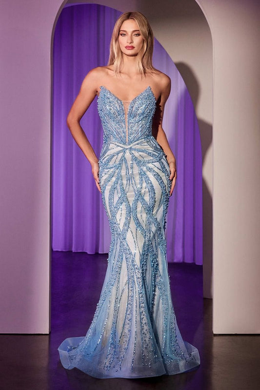 PEARL & CRYSTAL STRAPLESS FITTED DRESS